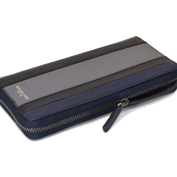 MICHAEL KORS Men's Long Wallet Coated Leather Striped Zip 36T7LWRE3 NAVY - Picture 2 of 6